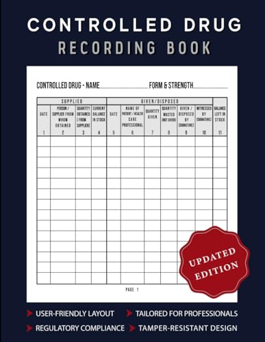 Controlled Drug Recording Book - GDPR Controlled Substance Log Book for Hospitals, Pharmacies, Nursing / Residential Homes and other Healthcare Settings.