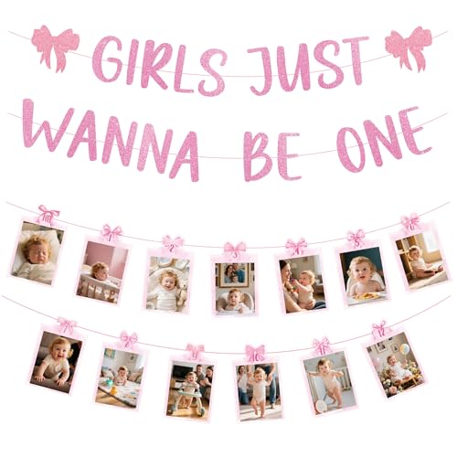 Image of MOIZYNG Girls Just Wanna Be One Birthday Decorations, Pink Bow Theme 1st Birthday Photo Banner for Baby from Newborn to 12 Months Pictures, 1 Year Old Girls Monthly Milestones Garland