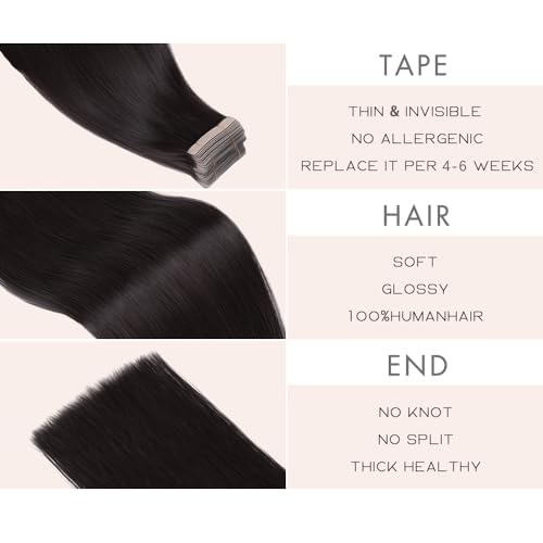 Image of Tape in Hair Extensions Human Hair, Hair Extensions 18 Inch 20pcs Natural Black Remy Straight Human Hair Tape in Extensions Skin Weft Tape Extensions Human Hair (1B#,18 Inch)