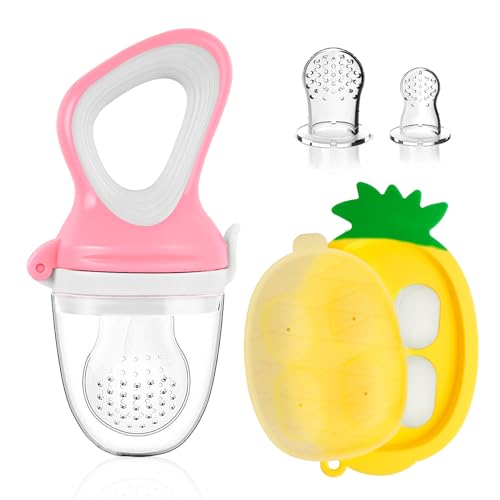 Image of HAOBAOBEI Baby Fruit Feeder with Mini Freezer Tray, Baby Teethers, Breastmilk Popsicle Molds for Teething Relief, Silicone Fresh Food Feeder for Safe Infant Self Feeding (Candy Pink)