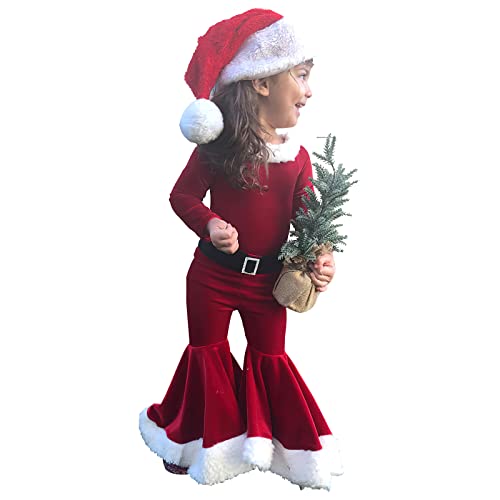 TAGVO Bebe Niña Disfraz de Elfo Conjunto Navidad Cosplay Mi Primera Navidad Conjunto 3 PC Set de Navidad con Ropa Pantalones Diadema Sombrero, Regalos para Niñas 1-9 Años