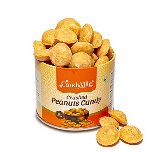 Image of CandyVille Crushed Peanut Candy Tin (340g) | Crunchy Peanut Toffees in Tin | No Added Preservatives, flavours or Colours | Traditional Indian Sweets