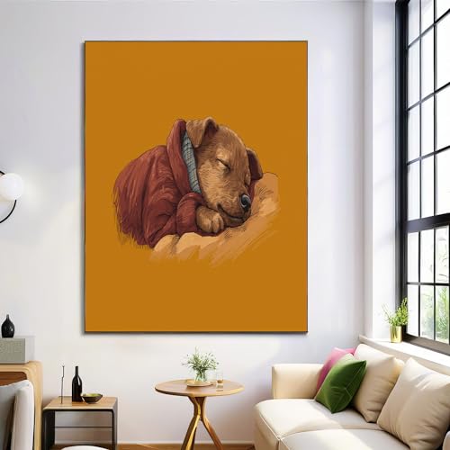 Art Mural Chien Endormi en Toile Curcuma pour Décorer la Chambre ou Salle de Bain