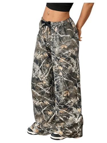 Girl's Baggy Camo Pants Straight Leg Drawstring Waist Causal Sweatpants Trousers with Pockets