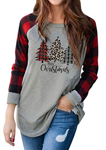 MYHALF Women's Merry Christmas Shirt Funny Christmas Leopard Plaid T-Shirts Long Sleeve Raglan Baseball Tee Tops Red