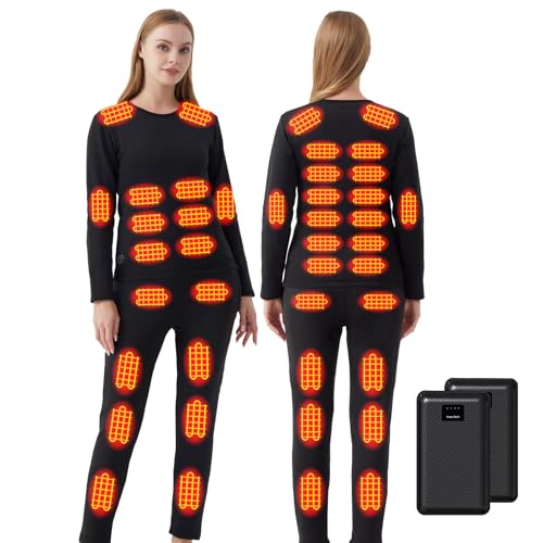 Yahbrra Damen Beheizbare Thermo Unterwäsche: mit 2 Powerbank 42 Zonen 3 Gang Beheizte Hose und Top für Winter Kalte Ski Angeln Sie den Ganzen Tag Warm (XL)