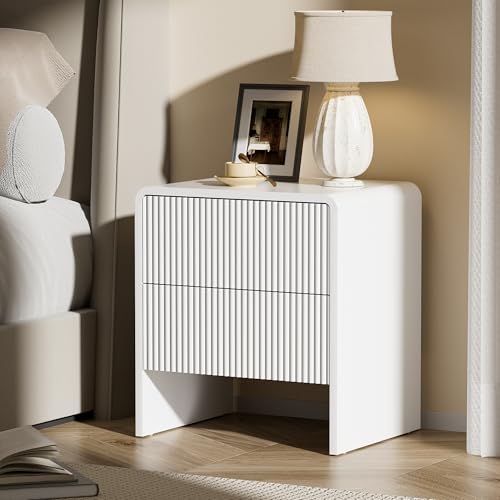 Image of Furniway Set of 2 Modern Curved Nightstand with 2 Drawers, Push-to-Open Wooden Bedside Table, Minimalist End Table for Bedroom, White
