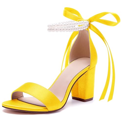 Image of Women's Open Toe Pearl Wedding Shoes for Bride High Heels Sandals Satin Bridal Block Chunky Heels Ankle Strap Prom Evening Party Pumps