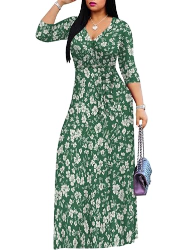 Image of PinkPatty Plus Size Maxi Dress for Women Casual V Neck 3 /4 Sleeve Boho Printed Long Dress with Pockets