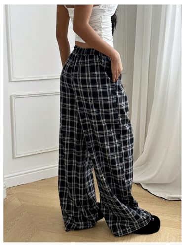 GORGLITTER Women's Plaid Checkered Wide Leg Pants Gingham Drawstring Elastic Waist Pajama Lounge Trousers with Pockets2