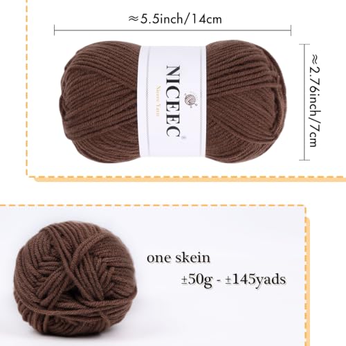 Image of NICEEC 300g Soft Assorted Colors Yarn - Sport Weight,100% Acrylic, 4 Ply, Bonbons Yarn for Crochet & Knit, DIY Project Starter Kit for Kids or Adults(Total 870yds) - Brown34#
