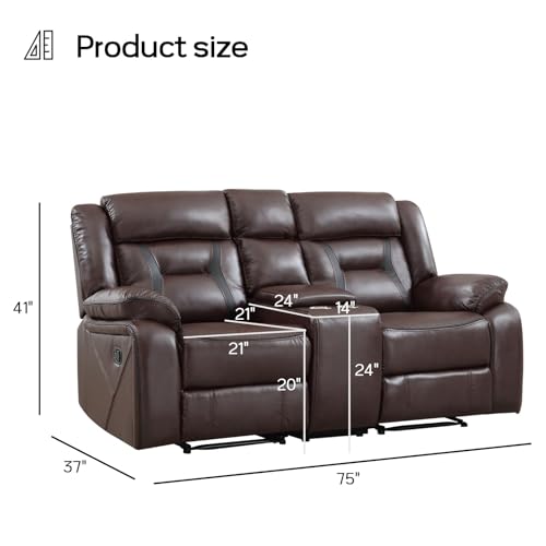 Image of EBELLO Manual Faux Leather Loveseat Recliner, 2 Seat Reclining Sofa Chair with Center Console, Hidden Storage and Cup Holders, Daul Recliner for Living Room, Meeting Room, Dark Brown (Loveseat)