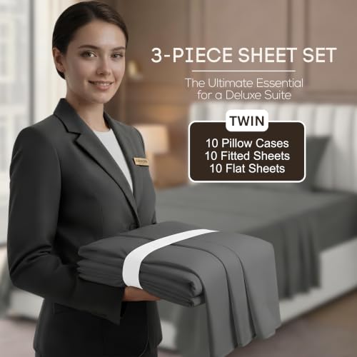 Image of 10-Pack Twin Size Hotel Sheet Set, Soft Brushed Microfiber Commercial Sheets, Resort Quality Bedding, Deep Pocket, Shrink & Fade Resistant, Easy Care, Grey