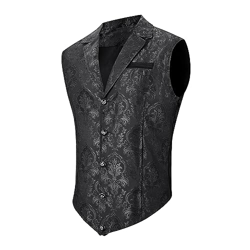 Komorebi Mens Vest Victorian Suit Vest V-Neck Gothic Steampunk Waistcoat Business Formal Dress Vest Slim Fit Tuxedo Vest
