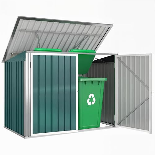 Outsunny Cache Poubelle Extérieur 1,91 m², Abri de Jardin en Acier Galvanisé pour 2 Poubelles, Double Porte Verrouillable, Couvercle Pneumatique, 2...