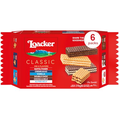 Loacker Classic Wafers Mix - Premium Assorted Crispy Wafer Cookies - Variety Pack - Hazelnut, Chocolate, Vanilla, Double Chocolate, Cocoa and Milk, Milk - 45g/1.59oz, Pack of 6