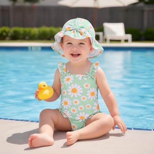 WKTRSM Badeanzug für kleine Mädchen – Einteiliger Baby-Badeanzug mit Sonnenhut – Niedliche Strand-Bademode – Schnell trocknender Badeanzug für Kinder von 3 bis 36 Monaten