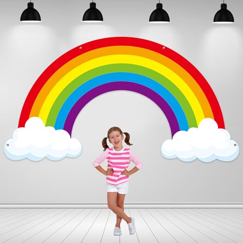9.8X5.3Ft Long Rainbow Backdrop VBS Rainbow Themed Photo Booth Wall Decor Rainforest Falls Photo Background Happy Birthday Banner Cloud Bulletin Board for Jungle Baby Shower Indoor Outdoor Supplies