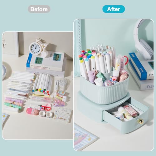 Lolocor Suporte de lápis de rotação de 360 graus com gaveta, 5 compartimentos para mesa, copo de láp