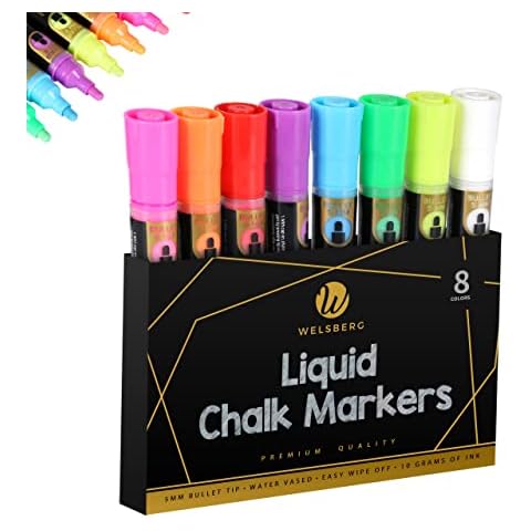 welsberg Liquid Chalk Markers 5mm Bullet Tip, 10 gr Ink, Pack of 8 Colours Chalk Pens for Chalkboard, Blackboards, Window, Glass Erasable Ink Cover