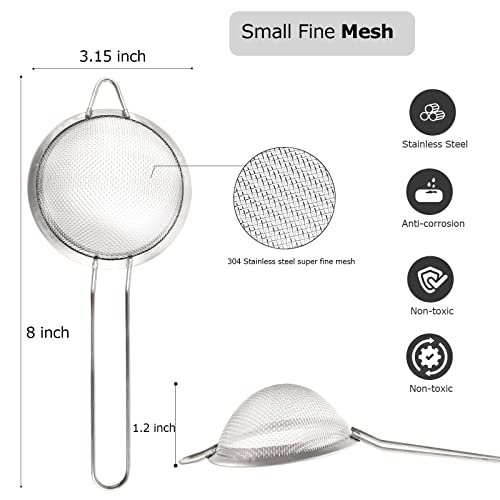 Fine Mesh Strainer, Stainless Steel 3 Inch Sturdy Long Handle Double Straining Small Mini Sifter, Kitchen Metal Bar Conical Sieve For Tea Coffee Cocktail Juice Sugar And Spices, Sets Of 3 (Silver) #TOP1