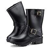  Camfosy Damen Gummistiefel Wasserdicht, Kurz Frauen Regenstiefel Stiefeletten Gartenarbeit Mode Outdoor Boots Klassische Schlupfstiefel Wellington Rain Boots -Schwarz Braun