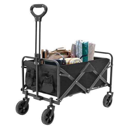 Carro de mano plegable, 80 l, con ruedas de goma de 5 pulgadas, carro plegable de hasta 80 kg, carrito de jardín negro, tubo de acero resistente y tela Oxford para camping, playa, compras