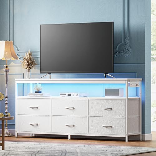 Huuger LED TV Stand for Bedroom, 55 Inch Fabric Dresser with Power Outlets, Entertainment Center for 60, 55, 50 Inch TV, 6 Drawer Dresser for Bedroom, Chest of Drawers with Shlef, PU Leather, White