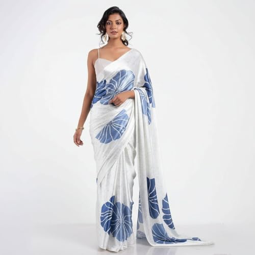 Image of Japan Satin Floral Print Saree for Women with Blouse Piece - Satin Finish Draped Saree