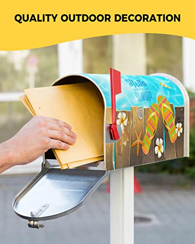 Summer Ocean Slipper Floral Starfish Wood Grain Mailbox Cover Magnetic Mail Wraps Covers Standard Size 21''X18'',Blue Sea Flip-Flops Stripe Flower Post Box Cover For Garden Yard Patio Outdoor Decor #TOP4
