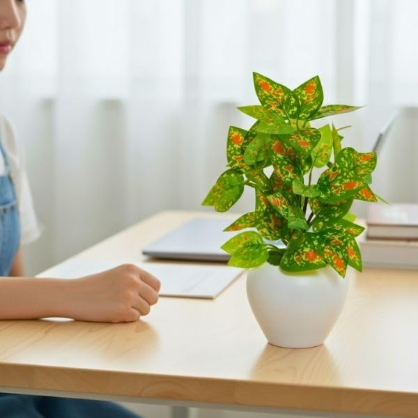 Image of fancymart Artificial Plant Leaves in Apple Pot (30 cm Height) | Small Potted Plant for Office Desk | Home Decor for Living Room | Cafe & Restaurant Table Decoration