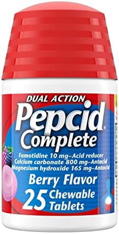 Pepcid Complete Acid Reducer + Antacid Chewables, 10 mg Famotidine, 800 mg Calcium Carbonate & 165 mg Magnesium Hydroxide per Tablet, Acid Reducer + Antacid Chews for Heartburn, Berry, 25 Ct