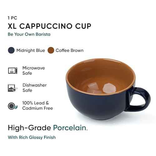 Image of Shay Large Ceramic Coffee Cup, 1pc, Blue, 320ml | Cappuccino Cup | Glossy Finish | Premium Porcelain Coffee Mug | Microwave Safe (XL Cuppa 1pc - Blue)