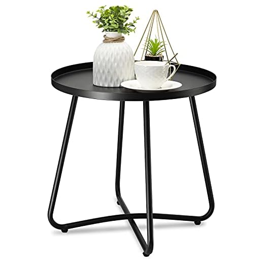 danpinera Outdoor Side Tables, Weather Resistant Steel, Small Round End Table for Patio Yard Balcony Garden Bedside Black