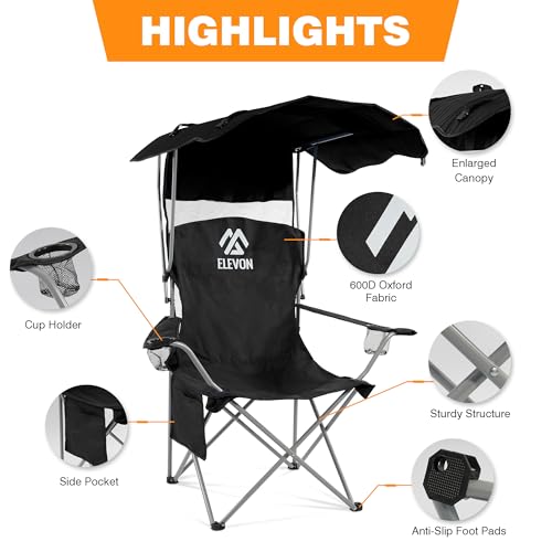 Elevon Camping Chair, Oversized Folding Chair with Canopy, Portable Outdoor Chair with Arms, Cup Holder and Carry Bag for Camping, Fishing, Beach, and Sports, Graphite