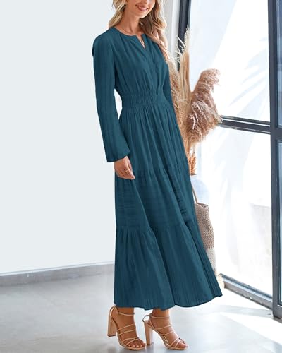 BTFBM Fall Dresses for Women 2025 Casual Long Sleeve V Neck Elastic Waist Lightweight Maxi Wedding Guest Dress Pockets