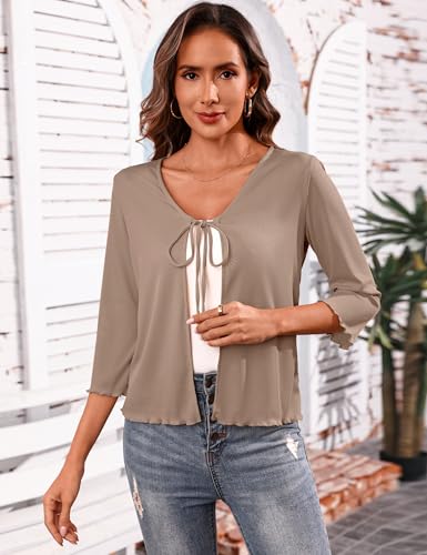 Image of Aiboria Women's Tie Front Shrug 3 /4 Sleeve Ribbed Bolero Lightweight Cropped Cardigan S-XXL