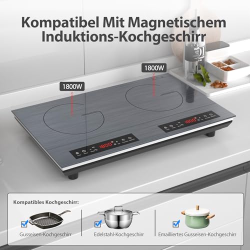VBGK Doppel Induktionskochfeld 60cm,3600W Induktionskochplatte mit Stecker,220V Induktionsherdplatte Herdplatte mit LED-Touchscreen,10 Leistungsstufen und Temperaturregelung Kindersicherung Timer