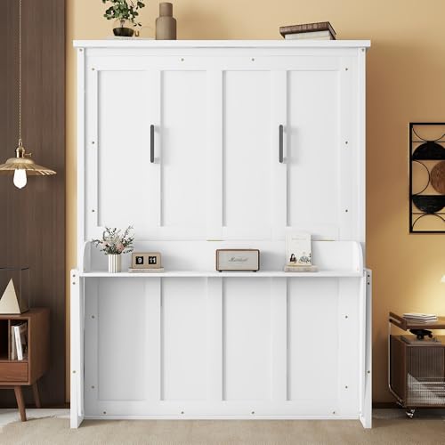 MERITLINE Queen Murphy Bed with Desk, Solid Wood Vertical Murphy Wall Bed Cabinet with Storage Shelves Space-Saving Hidden Bedframe (White,Queen)