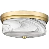 CALDION Flush Mount Ceiling Light, 12inch Close to Ceiling Light Fixture, Metal Gold Finish with Handmade Grey Marble Glass Art Shade for Living Bedroom Room Hallway Kitchen