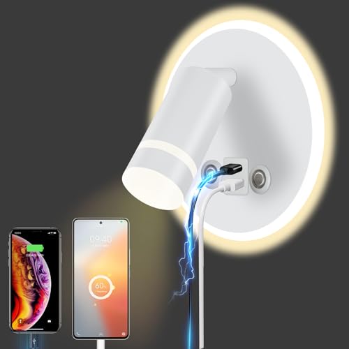 HUIZHOU Lampada da Lettura A Parete LED Touch Control 3 Temperature Di Colore E 12W Porta di Ricarica USB 350 ° Letto Rotante Luce di Lettura Soggiorno e Camera da letto (Cerchio bianco)