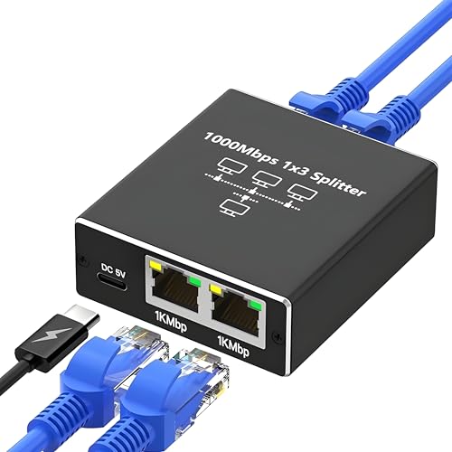 Image of Ethernet Splitter 1 to 3 - 1000Mbps RJ45 Port Multiplier with USB-C Power, Plug & Play Network Switch for Cat5 /5e /6 /7 /8 Cables, High Speed LAN Switch 1 in 3 Out for PC Laptop AP