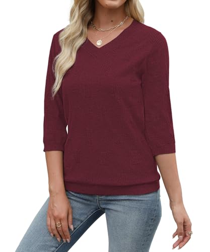 Image of Womens Sweaters 3 /4 Sleeve Tops V Neck Shirts Loose Casual Tunic Blouses