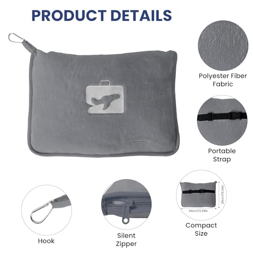 Veebmys 2 In 1 Reisedecke mit Kissen für Flugzeug und Auto, 60x50 Zoll aus Weichem Wärmendem Material, mit Ohrstöpseln und Schlafmaske, Ideal für Camping, Reisen und als Geschenk (Grau)