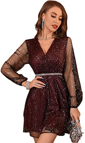 Floerns Women's Lantern Long Sleeve V Neck Mesh Cocktail Party Short Dress Without Belt Burgundy L