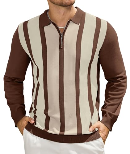 PRIVIMIX Mens Knit Striped Polo Shirts Long Sleeve Fashion Vintage Quarter Zip Pullover Casual Polo Sweater