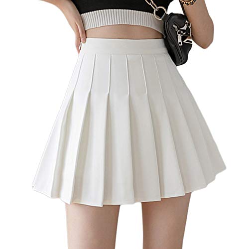 Women s Basic High Waist A-line Plain Pleated Skirt Skater Tennis School Girls Zipper Mini Skirts Lining Shorts.JNINTH White