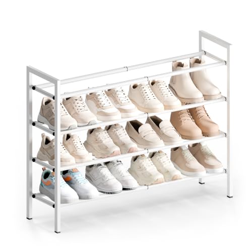 Image of Bumusty 4-Tier Expandable Shoe Rack for Closet, 18 inch-33 inch Adjustable Shoe Rack for Small Space, Small Shoe Organizer for Front Door, Sturdy Metal, White