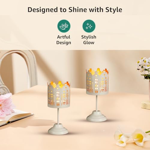 Image of Amazon Brand - Solimo Tea Light Votive Stand - House Design, White Iron with Gold Interior, Set of 4 (Size: L-6 cm x W-6 cm x H-13 cm)
