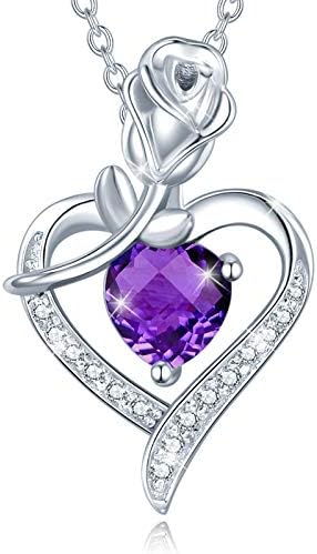 AGVANA February Birthstone Jewelry Amethyst Necklace for Women Sterling Silver Rose Flower Heart Pendant Necklace Fine Jewelry Anniversary Birthday Gifts for Women Girls Mom Wife Lady Her